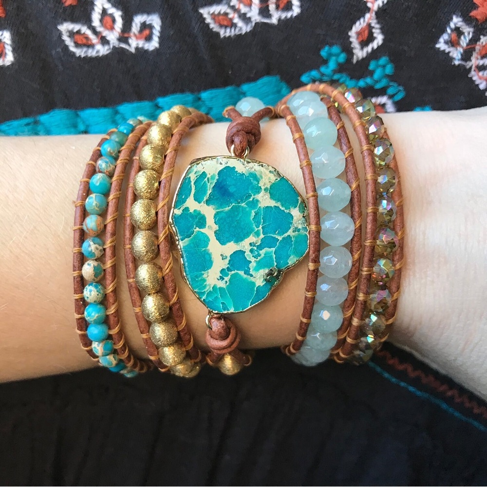Boho leather gemstone wrap bracelet